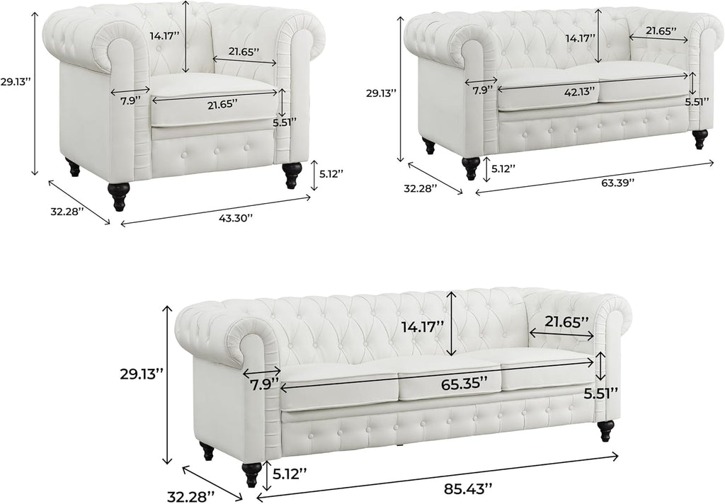 Emery Chesterfield 3 Piece Living Room Sectional Sofa Set Rolled Arms, Tufted Cushion Sofas for Living Room Set Includes Sofa, Loveseat Couch, Accent Arm Chair / Easy Tool-Free Assembly – Off White
