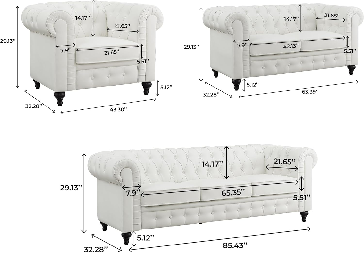 Emery Chesterfield 3 Piece Living Room Sectional Sofa Set Rolled Arms, Tufted Cushion Sofas for Living Room Set Includes Sofa, Loveseat Couch, Accent Arm Chair / Easy Tool-Free Assembly – Off White