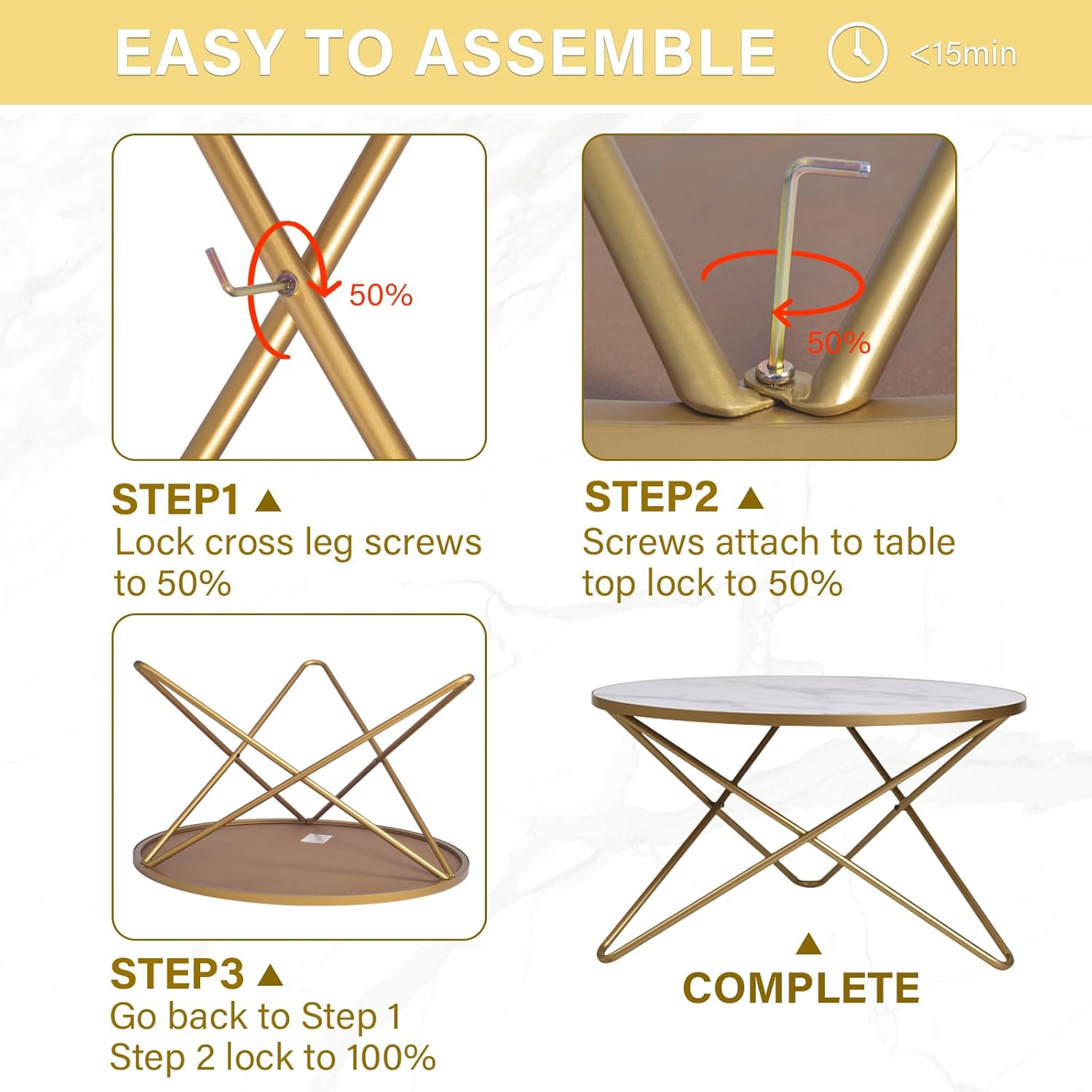 HLR Round Coffee Table with White Faux Marble Top