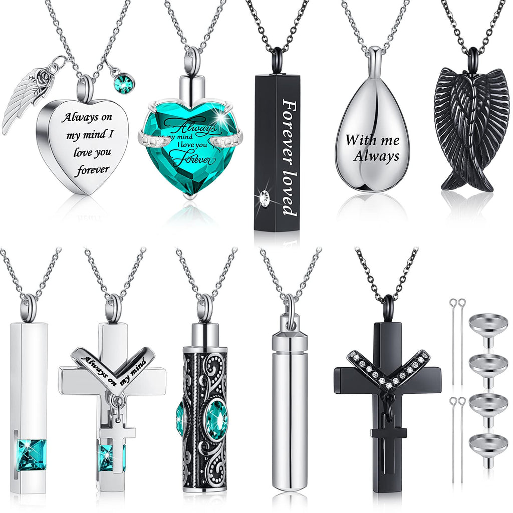 Jexine 10 Pcs Urn Necklace For Ashes Cremation Jewelry Wings Tear Drop Cross Crystal Ashes Necklace Stainless Steel Zircon Memorial Locket Vertical Bar Heart Waterproof Keepsake For Men