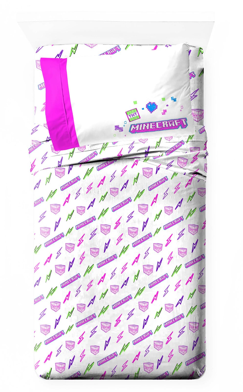 Jay Franco Kids Sheet Set with Fitted, Flat Sheets & Pillow Cover - Ultra-Soft Bedding with Pillowcase for Room Decor, Blue - Minecraft Creeper, 4 Piece Full