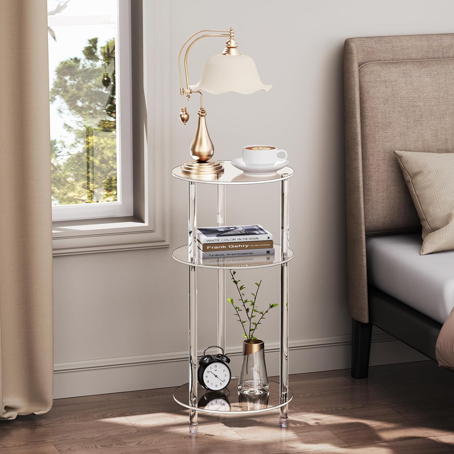 Clear Round Acrylic Side Table for Small Spaces, 11.81" L x 11.81" W x 24.6" H, 3 Tier Small Modern Drink End Table Nightstand, Minimalist Bedside Table for Living Room, Bedroom, Bathroom