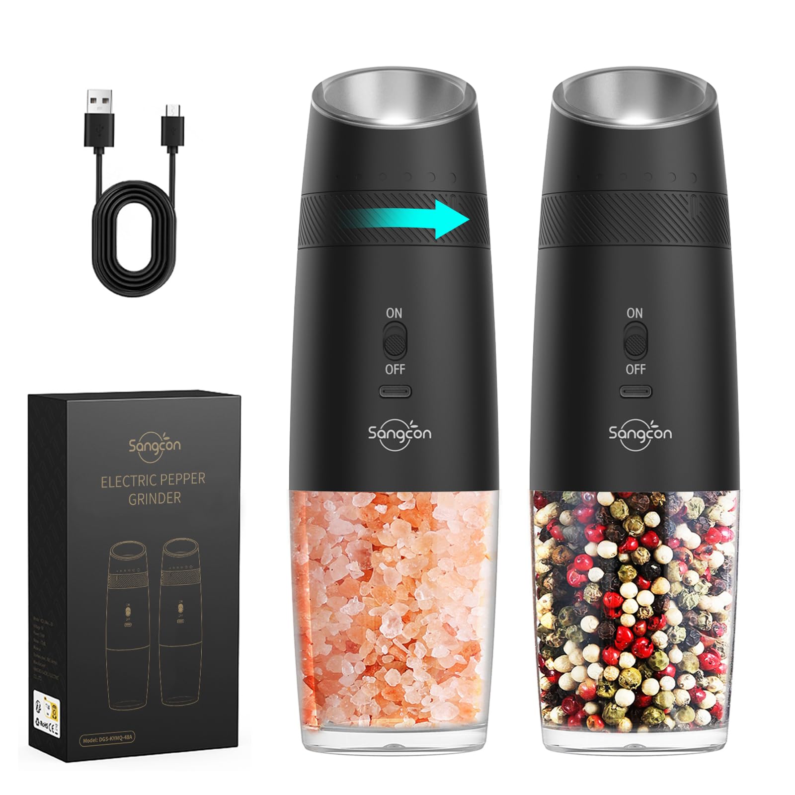 Sangcon Gravity Electric Pepper and Salt Grinder Mill Automatic Shaker Grinder with LED Light, Battery Powered Adjustable Coarseness One Hand Operation, Upgraded Larger Capacity, 1pc