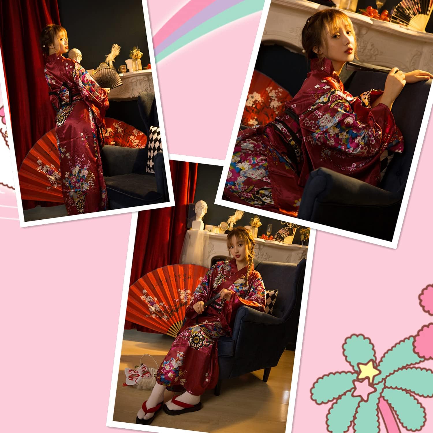 Japanese Anime Women's Kimono Robe Geisha Yukata Sweet Dress Blossom Satin Bathrobe Sleepwear Fans Tabi Socks Set