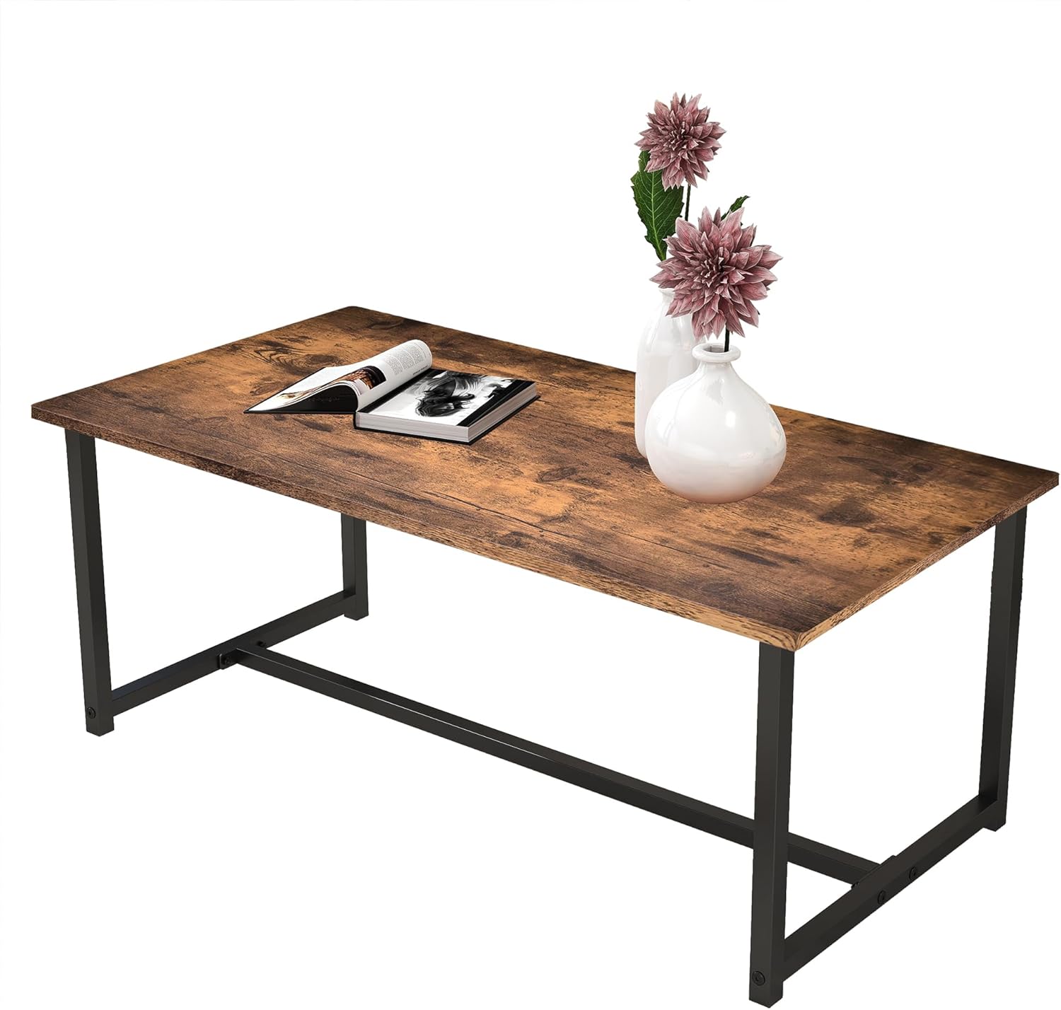 35.4" Rectangular Coffee Table for Living Room, Modern Industrial Style Coffee Table Center Table with Metal Frame for Small Space, Apartment, Office, Easy Assembly, Brown