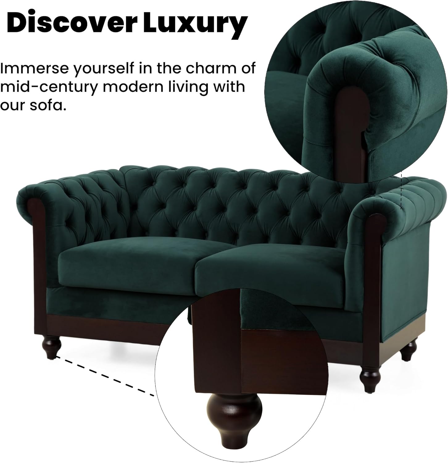 Merax Velvet Chesterfield Sofa, Retro Style Upholstered 3 Seater Leather Couch Rolled Arm for Living Room Bedroom Office, Dark Green