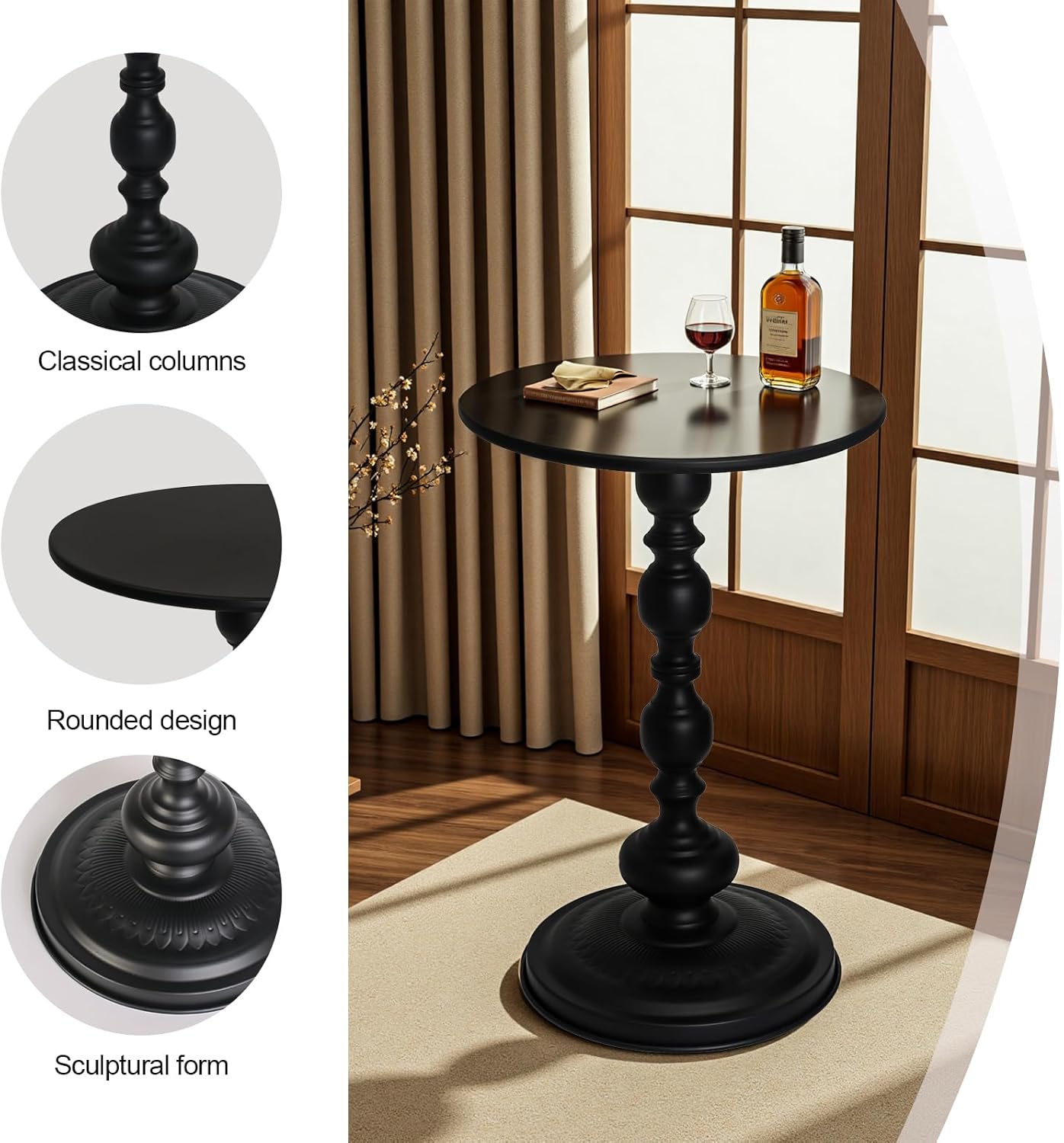 Room Decor Metal Small Round End Table, Home Decor Vintage Drink Table Nightstand for Small Spaces,Modern Accent Pedestal Tables Coffee Tables for Living Room, Bedroom, Corners, Patio,Black