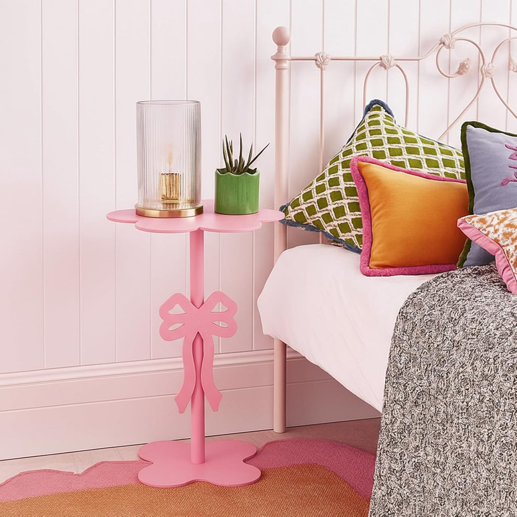 Pink Bow Side Table Small Wood End Table Coffee Coquettish Room Decor Pink Bedside Cocktail Drink Stand for Small Spaces Nightstand Bedroom Couch Chair