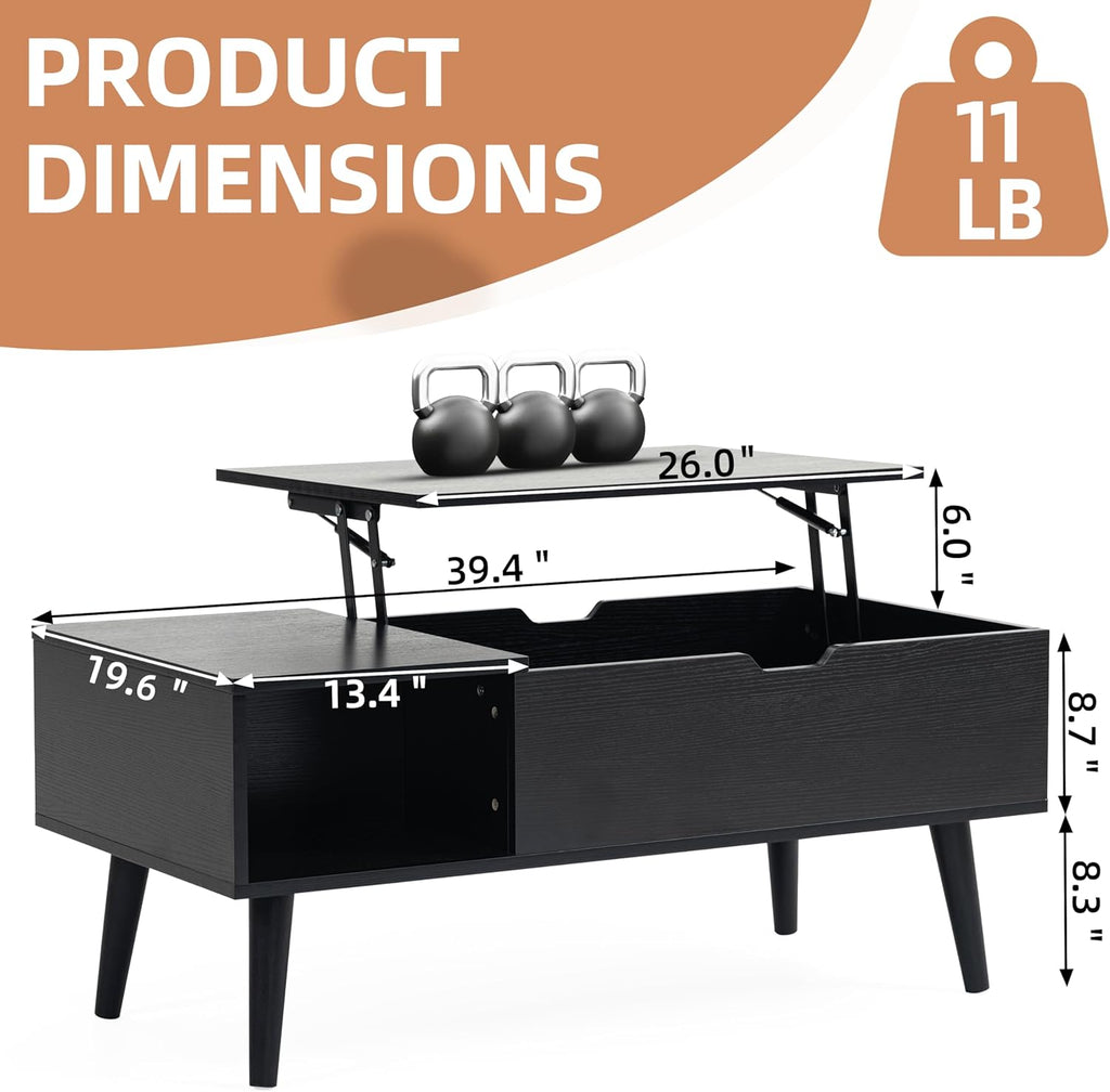 Finnhomy Lift Top Coffee Table with USB Type-C Charging Station, LED Lights and Power Outlet, 3-in-1 Multifunctional Table with Hidden Compartment and Large Storage, for Living Room Home Office, Black