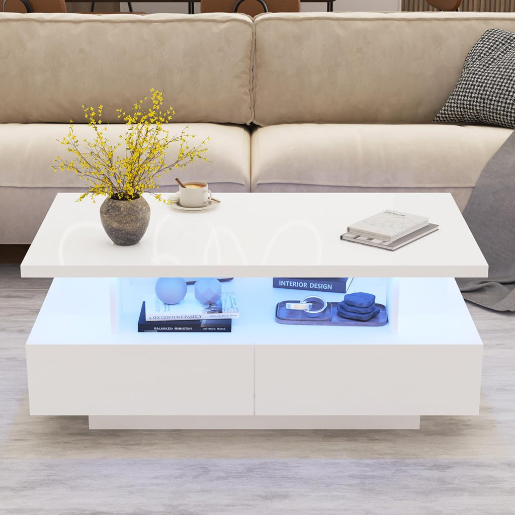 MHOM 41.3" LED Coffee Table, Modern White High Gloss Living Room Table with 4 Drawers, Stylish Center Table for Living Room, Office and Apartment, White