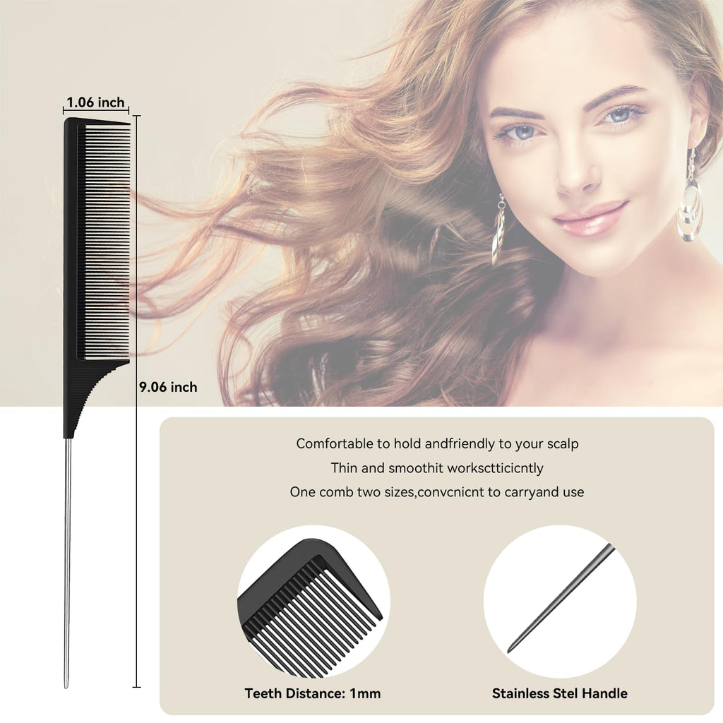 3 Pack Hair Rat Tail Combs Set, Parting Rattail, Teasing Fine Tooth Comb, Metal Hair Pick Detangling, Heat Resistant Carbon Fiber Teasing Comb, and Stainless Steel Pintail(Black)