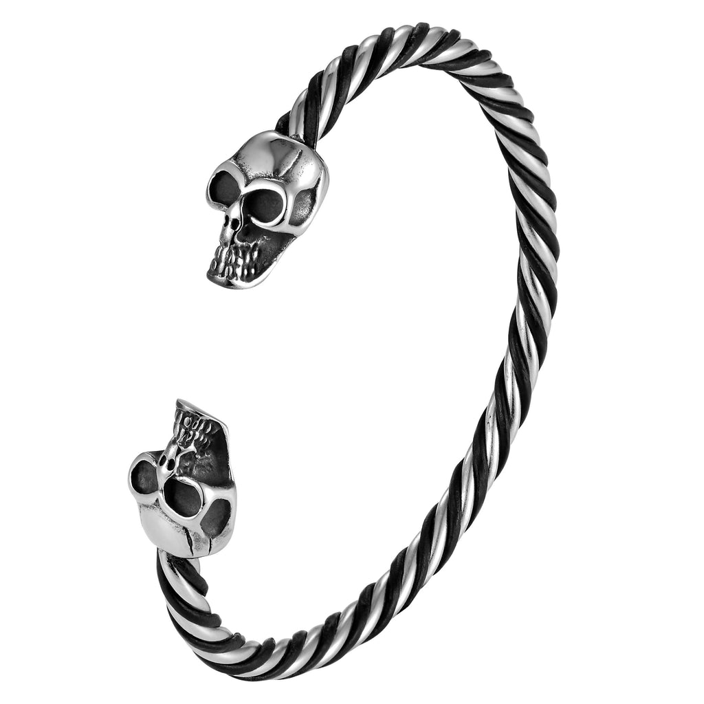 Bold Men’s Biker Bracelet – Skull, Wolf, and Foxtail Chain Designs in Polished Silver & Black Genuine Leather – Rust & Discoloration Resistant Stainless Steel – Jewelry Gift or Accessory for Men