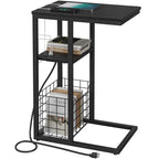 Vagusicc C Shaped End Table with Charging Station, Side Table for Couch, Small Side End Table for Small Spaces, 28" High Slide Under Sofa Table for Coffee, Tv Tray Table for Living Room, Rustic Brown