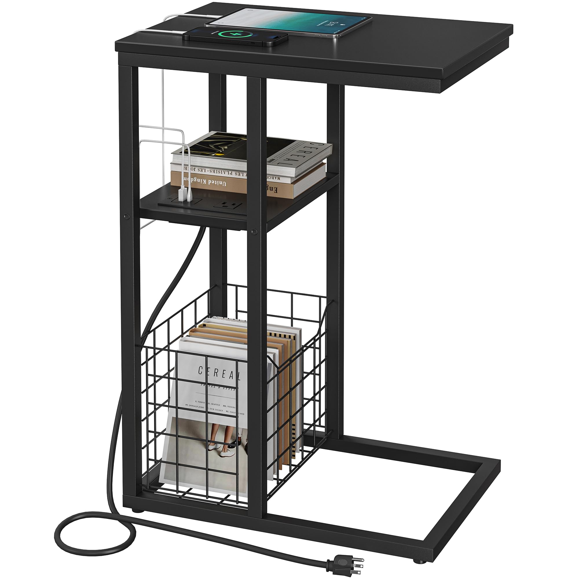 Vagusicc C Shaped End Table with Charging Station, Side Table for Couch, Small Side End Table for Small Spaces, 28" High Slide Under Sofa Table for Coffee, Tv Tray Table for Living Room, Rustic Brown