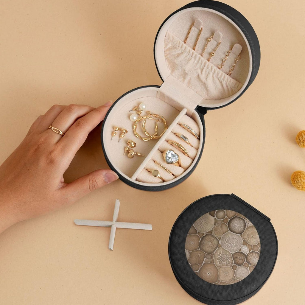 Petoskey Stone Printed Leather Jewelry Box, Black Round Jewelry Organizer for Earrings, Rings, Necklaces, Bracelets