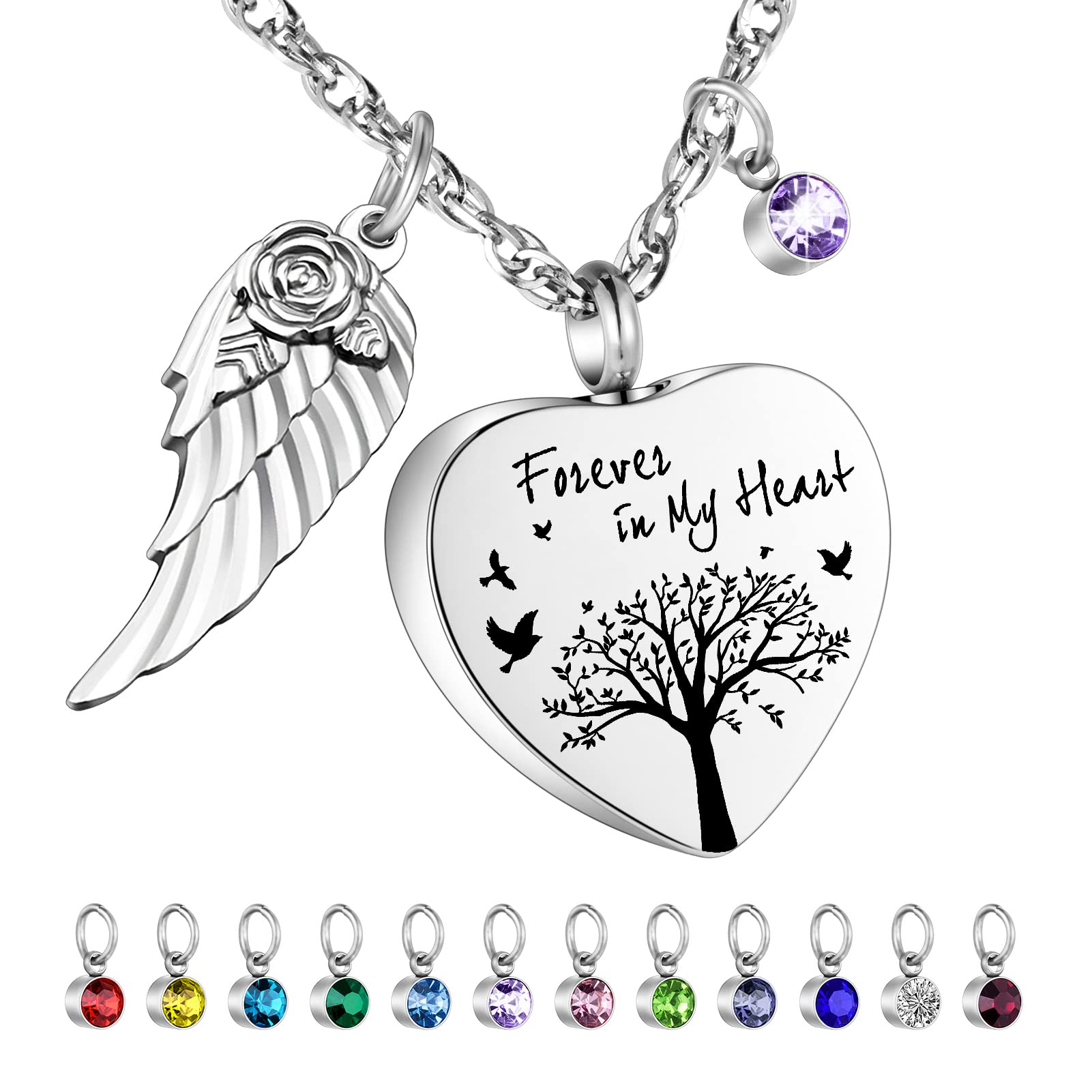 Dletay Heart Urn Necklace for Ashes with 12 Birthstones Cremation Jewelry for Ashes -Your Wings Were Ready My Heart Was Not