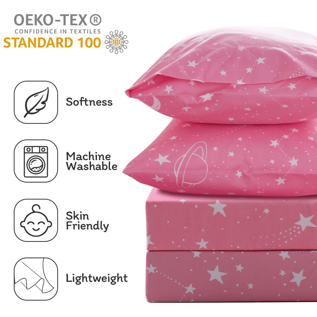 ست ملحفه کودکان یونیکورن صورتی JSD، سایز تویین، ۳ تکه، ملحفه‌های رختخواب میکروفایبر چاپ شده با طرح رنگین کمان برای دختران، جیب عمیق