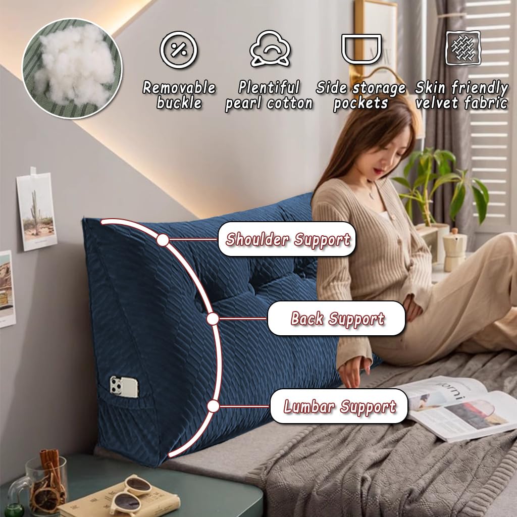 QINFFRRMI Velvet Triangular Wedge Pillow, Removable Cover Headboard Pillow for Daybed, Backrest Positioning Support Pillow Cushion Resting Reading Relaxing(Beige,Twin(39 * 20 * 8in))