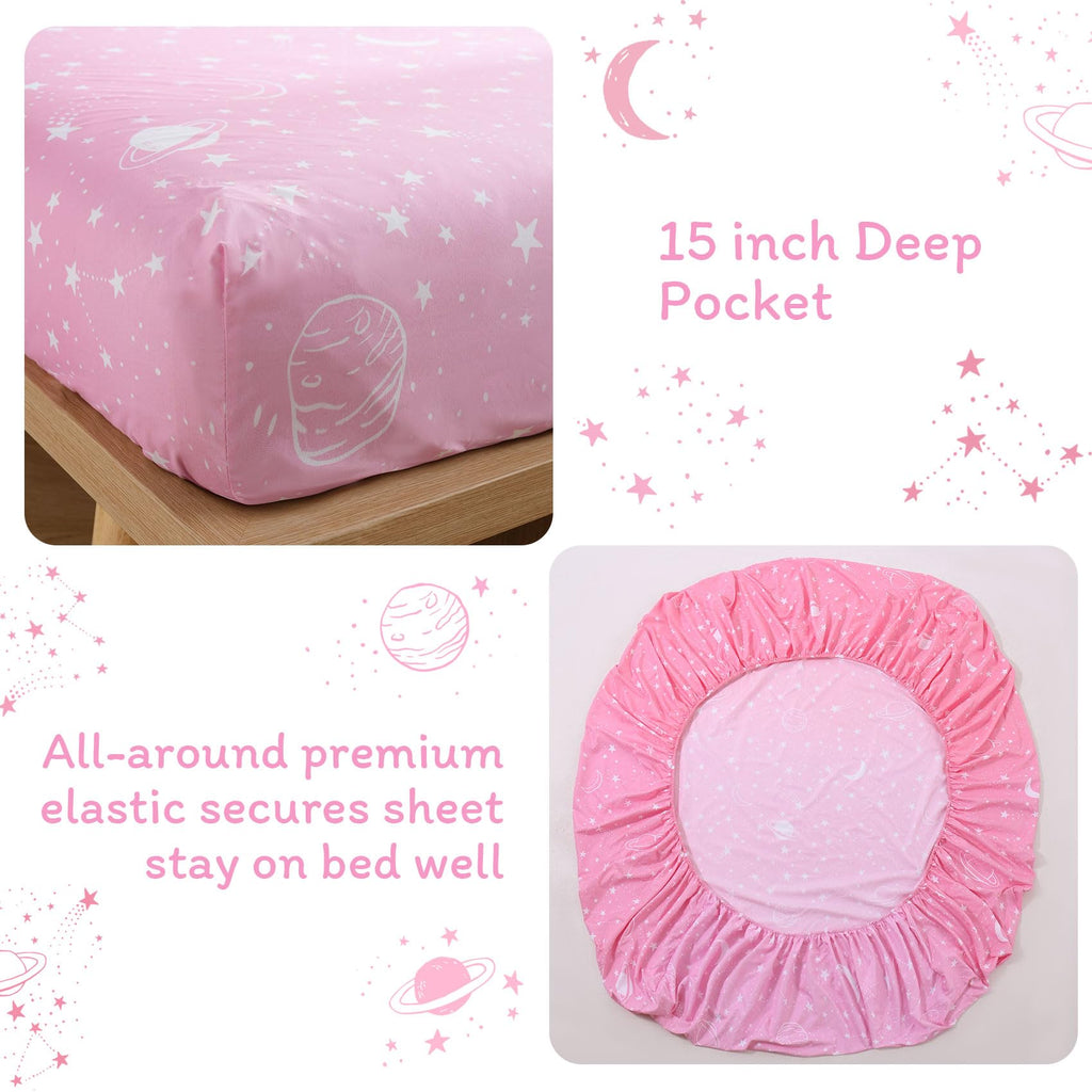 ست ملحفه کودکان یونیکورن صورتی JSD، سایز تویین، ۳ تکه، ملحفه‌های رختخواب میکروفایبر چاپ شده با طرح رنگین کمان برای دختران، جیب عمیق