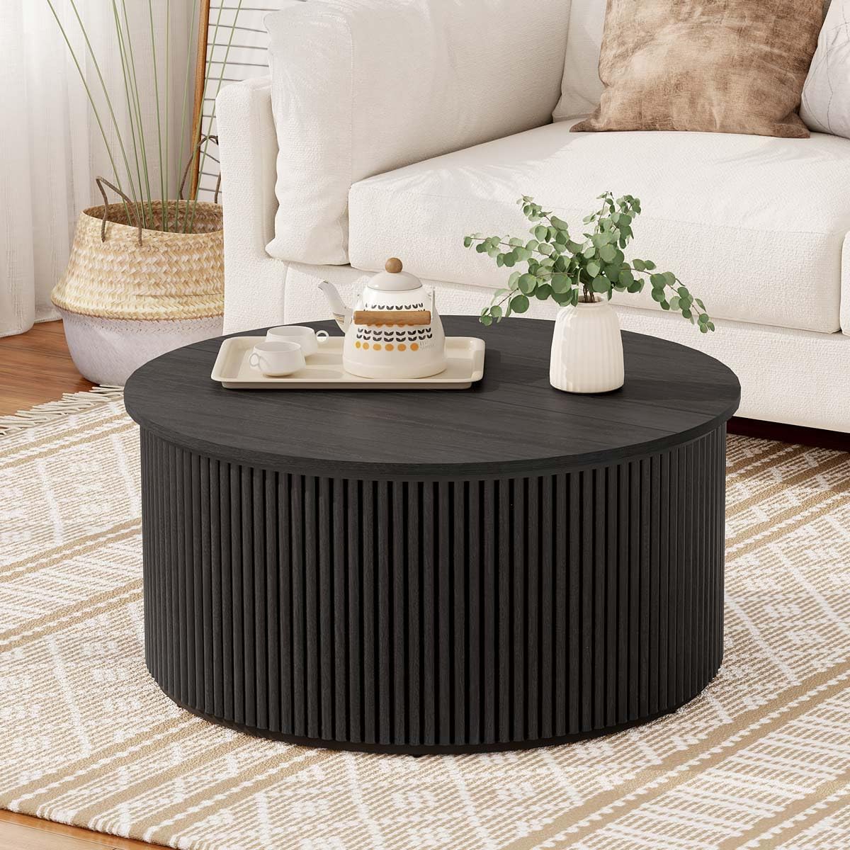 FATORRI Round Coffee Table with Storage, 31.5 Inch Modern Fluted Center Table, Woodern Accent Coffee Tables for Living Room, Black