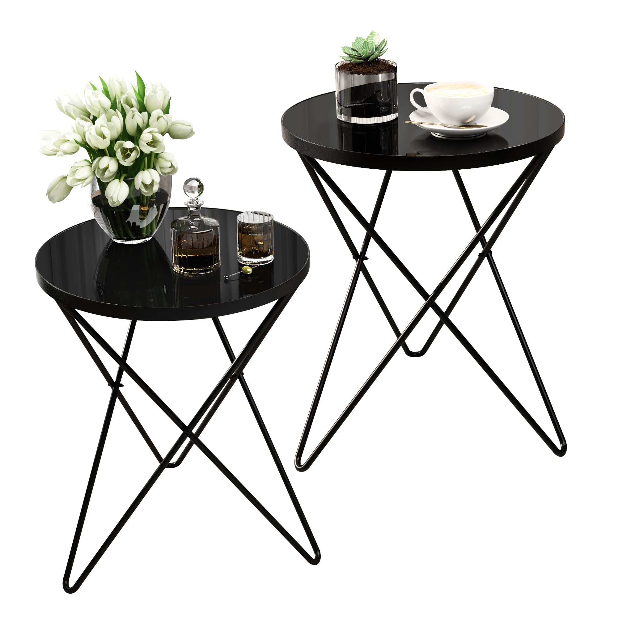 HLR Modern Round Side Table, End Table with Marble Effect Top and Gold Metal Frame, Small Side Table for Living Room, Bedroom, Sofa and Couch, Gold Legs, Green Marble top