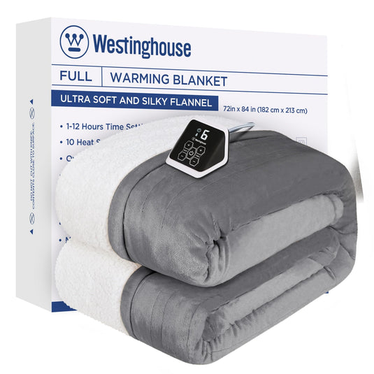 Westinghouse Heated Blanket Queen Size, Soft Flannel to Sherpa Electric Blanket with 10 Heating Levels, 12 Hours Auto Off, Fast Heating Blanket, Machine Washable, 84x90 Inch, Charcoal