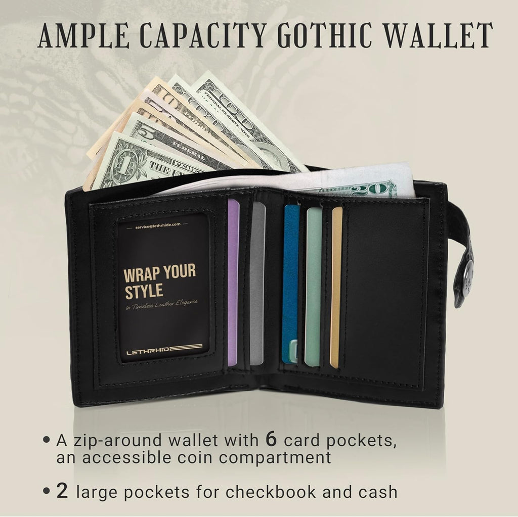 Portefeuille chaîne gothique crâne ZEKEE en cuir - Punk bifold Halloween gothique accessoires | Unisexe, noir