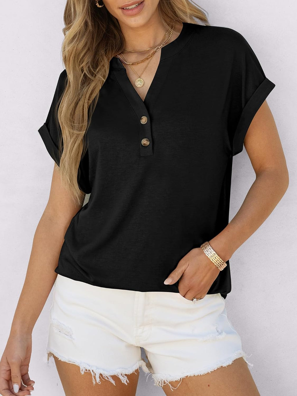 ANRABESS Womens Short Sleeve Henley Tops V Neck Dressy Casual Loose Fit Shirts Summer Flowy Blouses 2025 Trendy Clothes