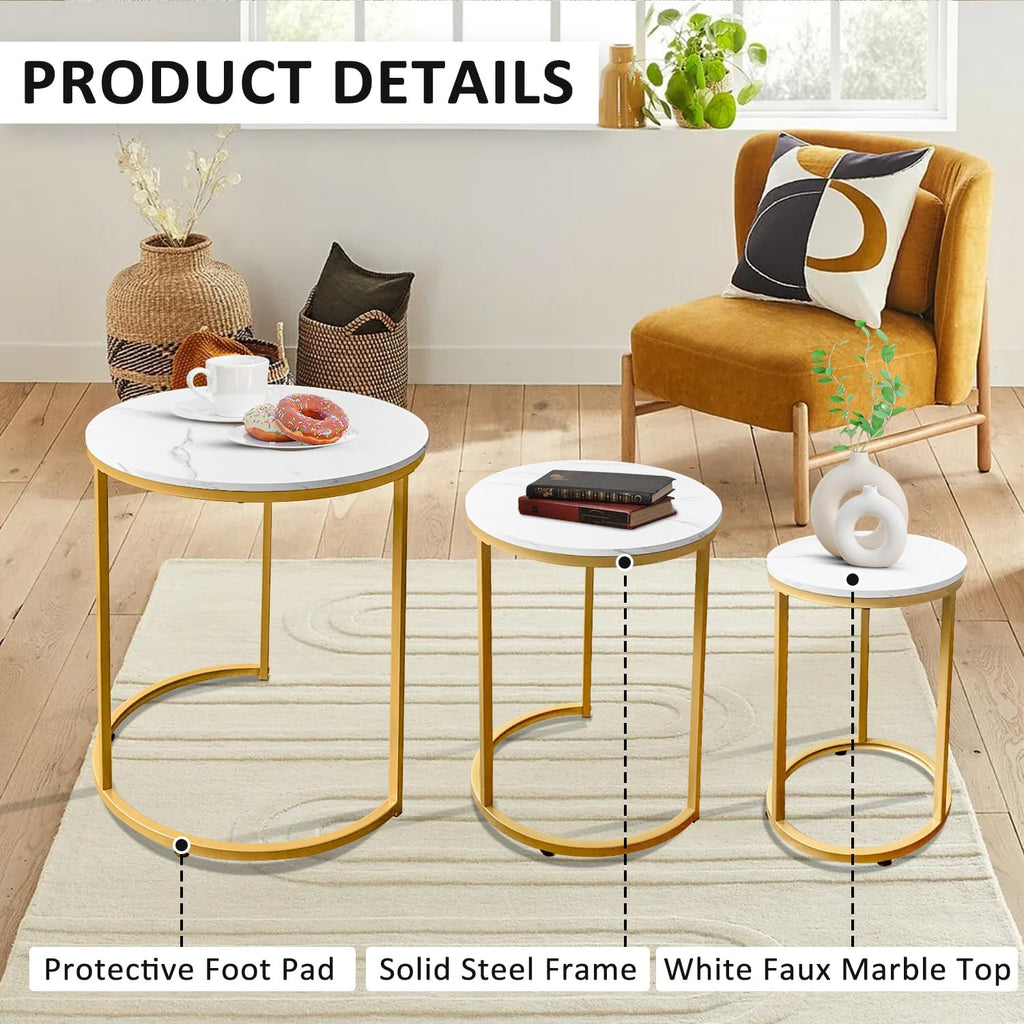AT-VALY Nesting Tables Coffee Table Set of 3,Round Side Table Small Accent Table for Living Room,Bedroom Apartment (Gold)