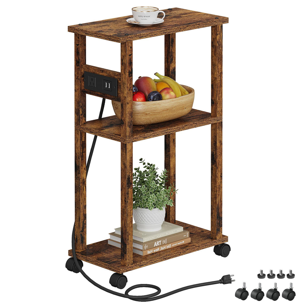 TUTOTAK Small Narrow Side Table with Charging Station, Skinny End Table for Small Spaces, Slim Nightstand with USB Ports and Outlet, Sofa Beside Table with Wheels, Brown TB01BB046