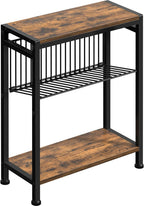 Small Side Table for Small Space, 3-Tier Narrow End Table with Magazine Holder,Slim Nightstand, Skinny Snack Couch Table in Living Room, Bedroom Study and Balcony (Rustic Brown &Black)