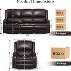 3 Seater Recliner Sofa Set with 2-Tier Cushion, 3+1 Pieces in Living Room, 3 Seater Reclining Couch Leather with Removable Console, 1 Oversize Recliner Chair Sofa Seat