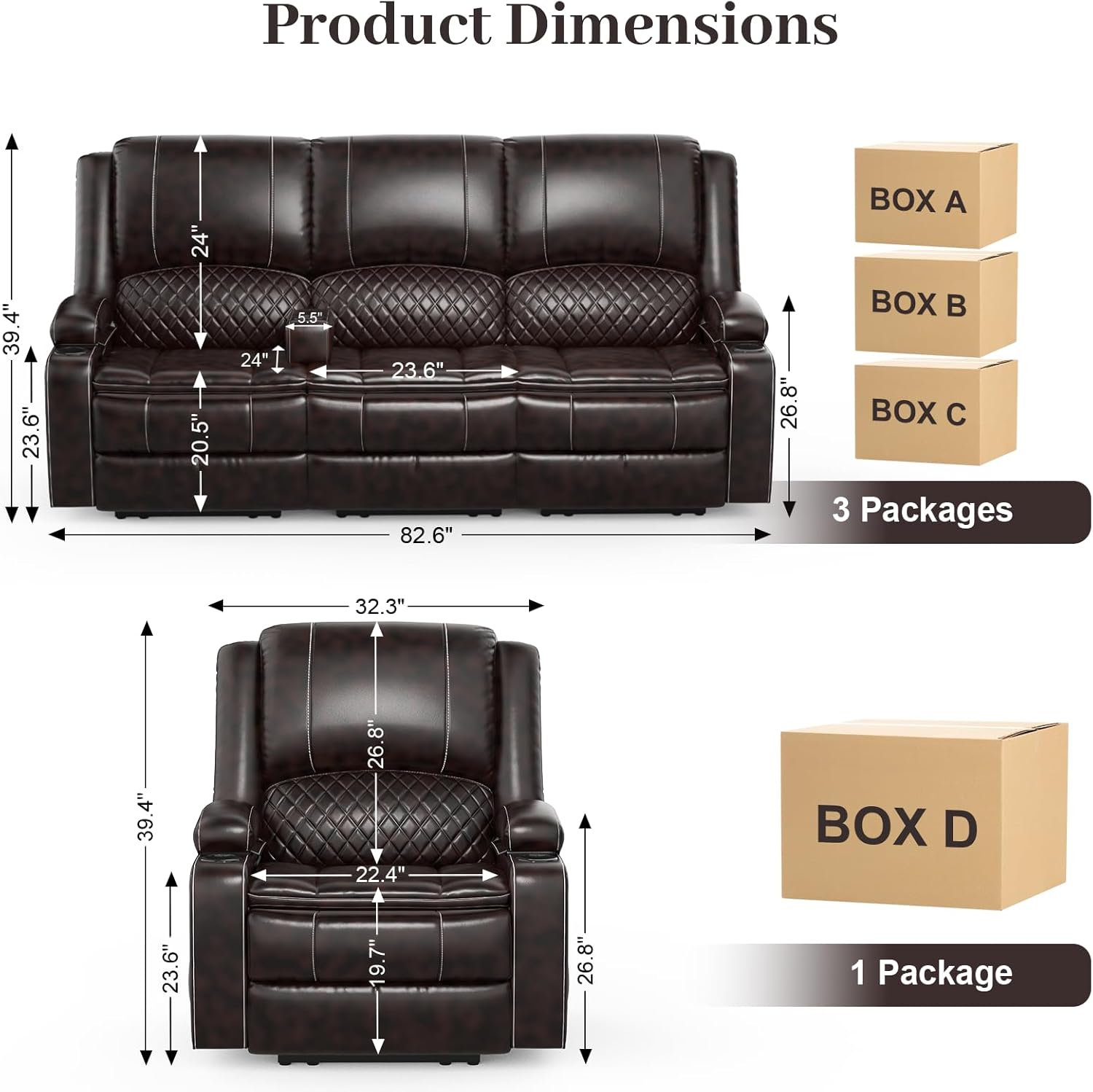 3 Seater Recliner Sofa Set with 2-Tier Cushion, 3+1 Pieces in Living Room, 3 Seater Reclining Couch Leather with Removable Console, 1 Oversize Recliner Chair Sofa Seat