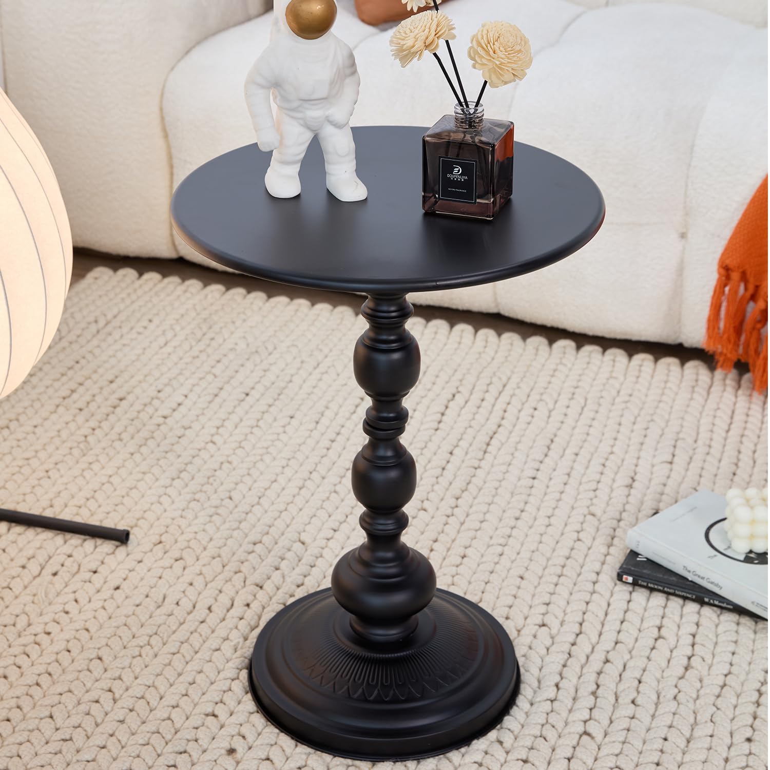 Chic Vintage Round Side Table with Elegant Roman Columns - Sturdy Metal Construction, Perfect for Coffee, End, Tea, or Leisure Use in Living Room or Bedroom Decor (Black Small 1 Pack)