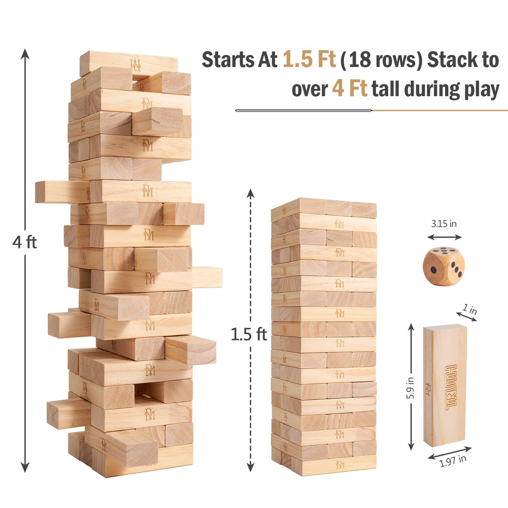 RM ROOMERS Tour Géante Tumble Tower, Jeu de 54 Blocs en Bois à Empiler avec Sac de Transport en Cuir, Dés, Cartes Vérité ou Conséquence, Jeu de Tour Géante pour Famille pour Intérieur Extérieur Jardin Pelouse Fête