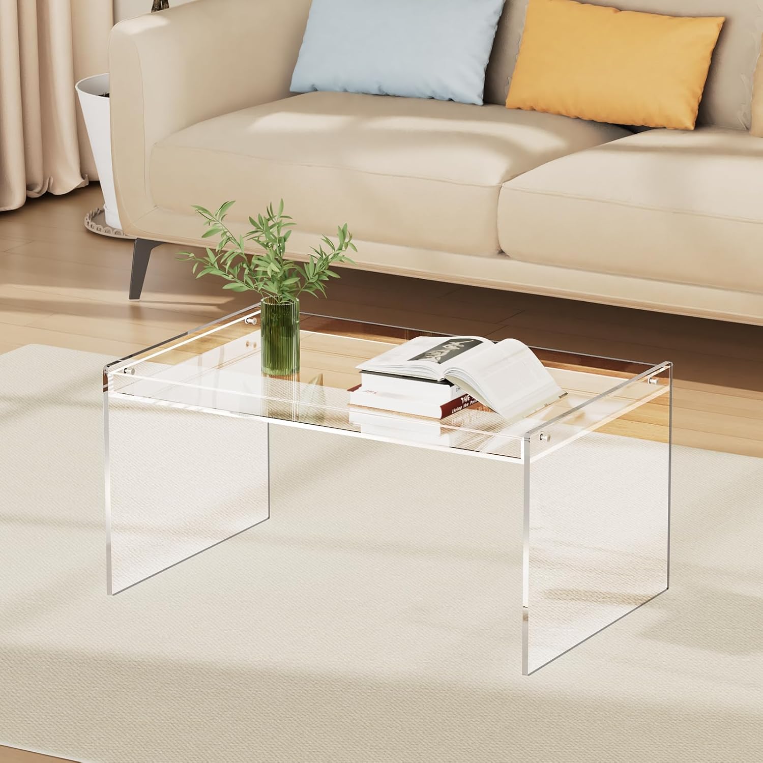 Acrylic Coffee Table, Modern Clear Rectangle Lucite Table for Living Room, Bedroom, Office (Clear, 31.5" L*19.7" W *15.7" H)