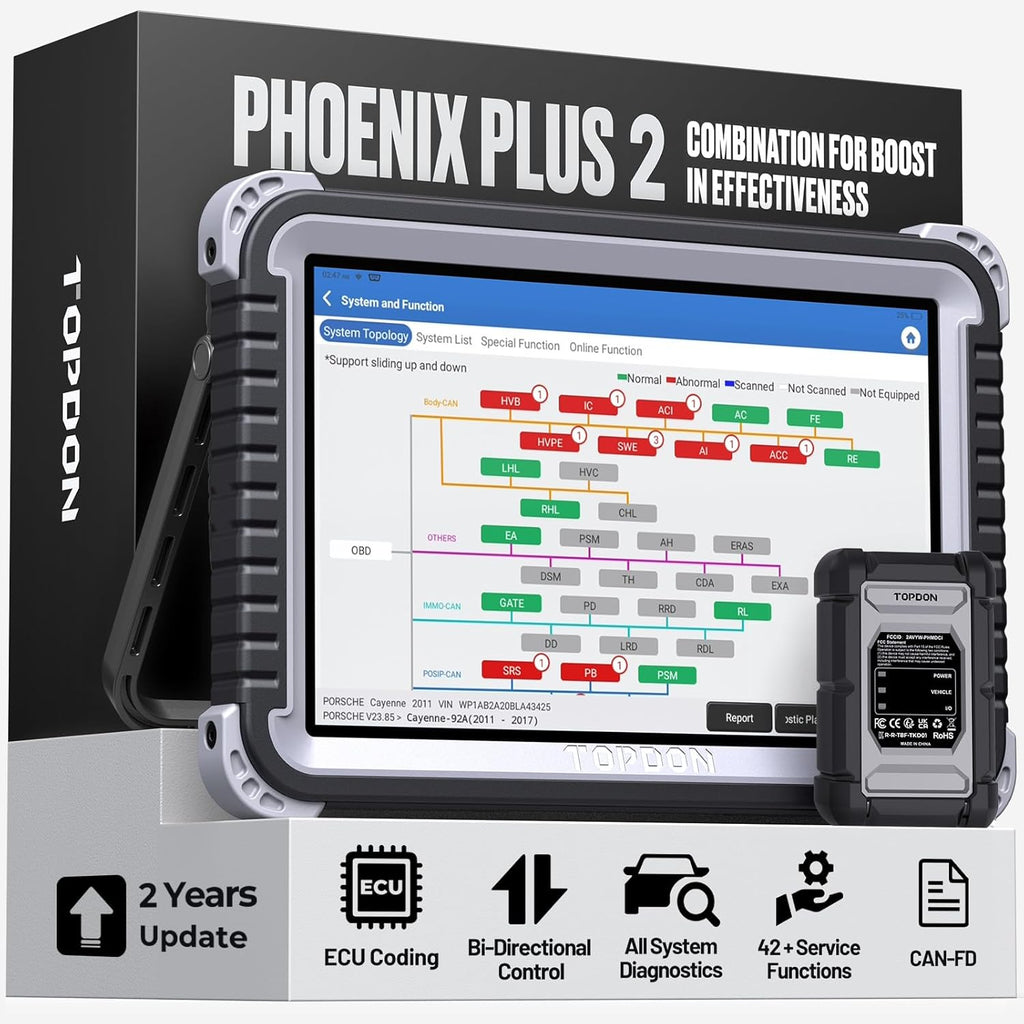 TOPDON Phoenix Plus 2, ECU Coding TOPDON Scanner V2.0, Bidirectional Scan Tool, Topology Map, CANFD, High-End OEM Full System, 42+ Service, FCA SGW AutoAuth, V.A.G Guided, 2 Years Free Update