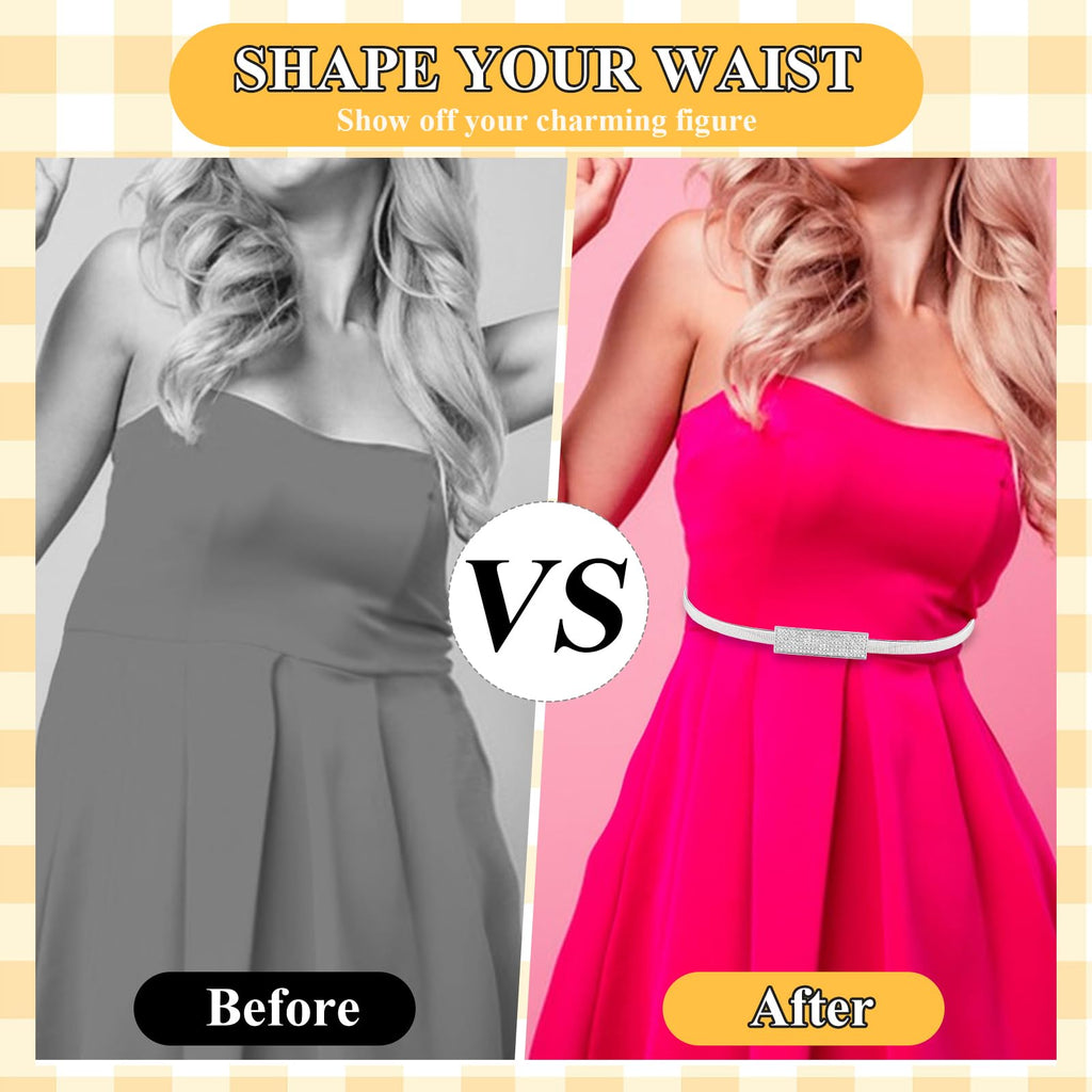 Women Skinny Metal Waist Belt Elastic Metal Chain Waist Belt Fashion Rhinestone Dress Belts for Dress, Sliver