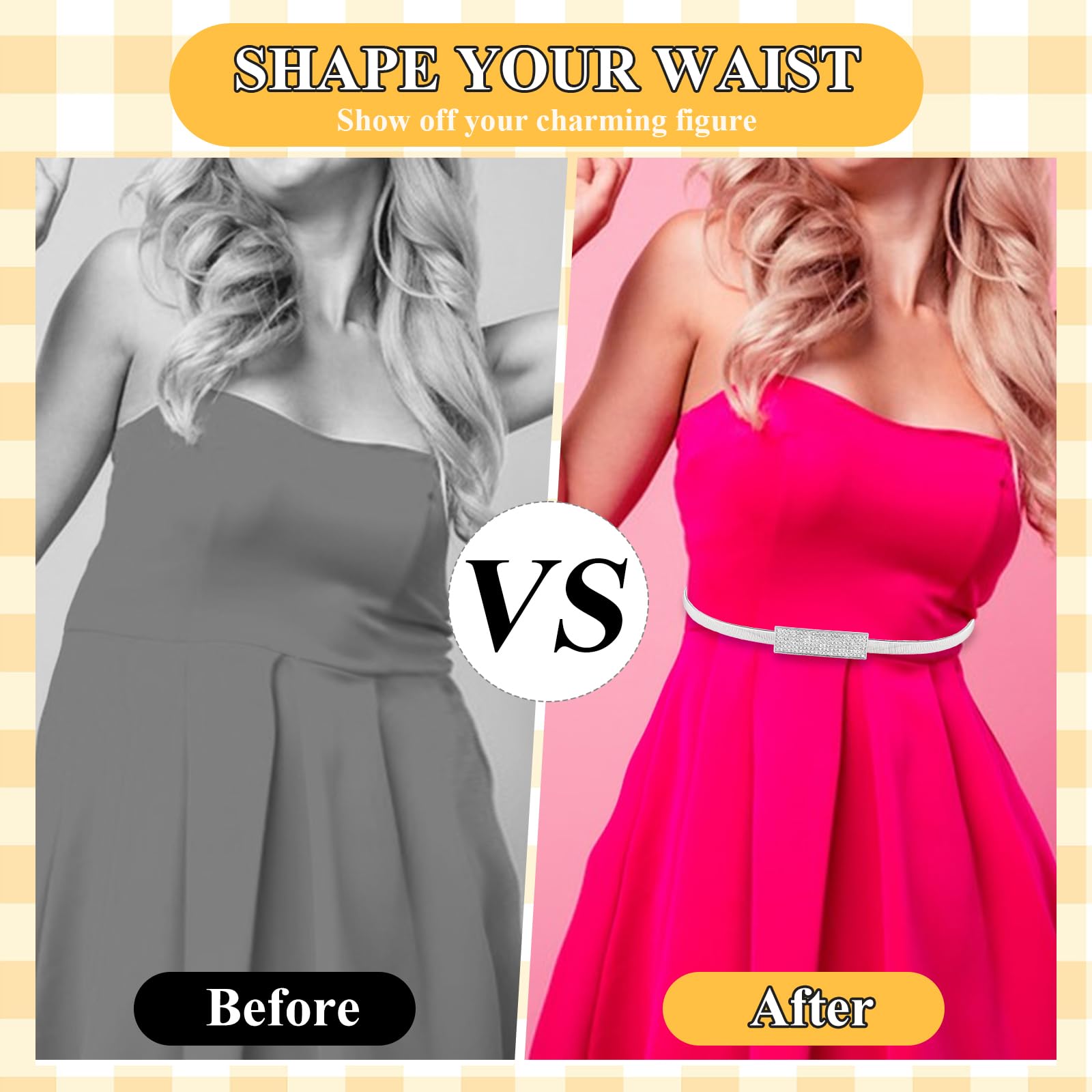 Women Skinny Metal Waist Belt Elastic Metal Chain Waist Belt Fashion Rhinestone Dress Belts for Dress, Sliver