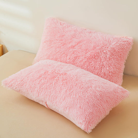 Fluffy Pink Faux Fur Comforter Cover Set，Fluffy Fuzzy Plush Pink Bedding 3Pcs (1 Faux Fur Duvet Cover +2 Fuzzy Pillowcases) Pink Fluffy Bed Set (Pink, Queen)