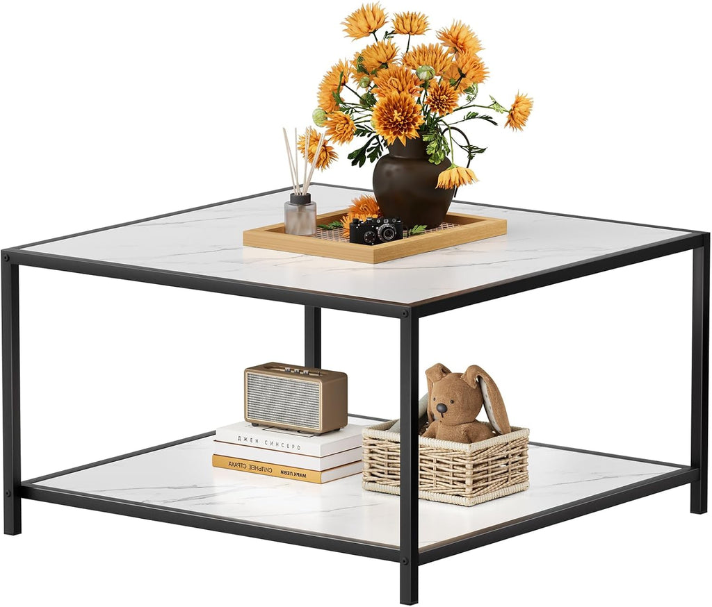 SAYGOER White Coffee Table with Storage 2 Tier Modern Suqare Coffee Tables for Living Room Small Faux Marble Center Table for Office Apartment Home, Easy Assembly