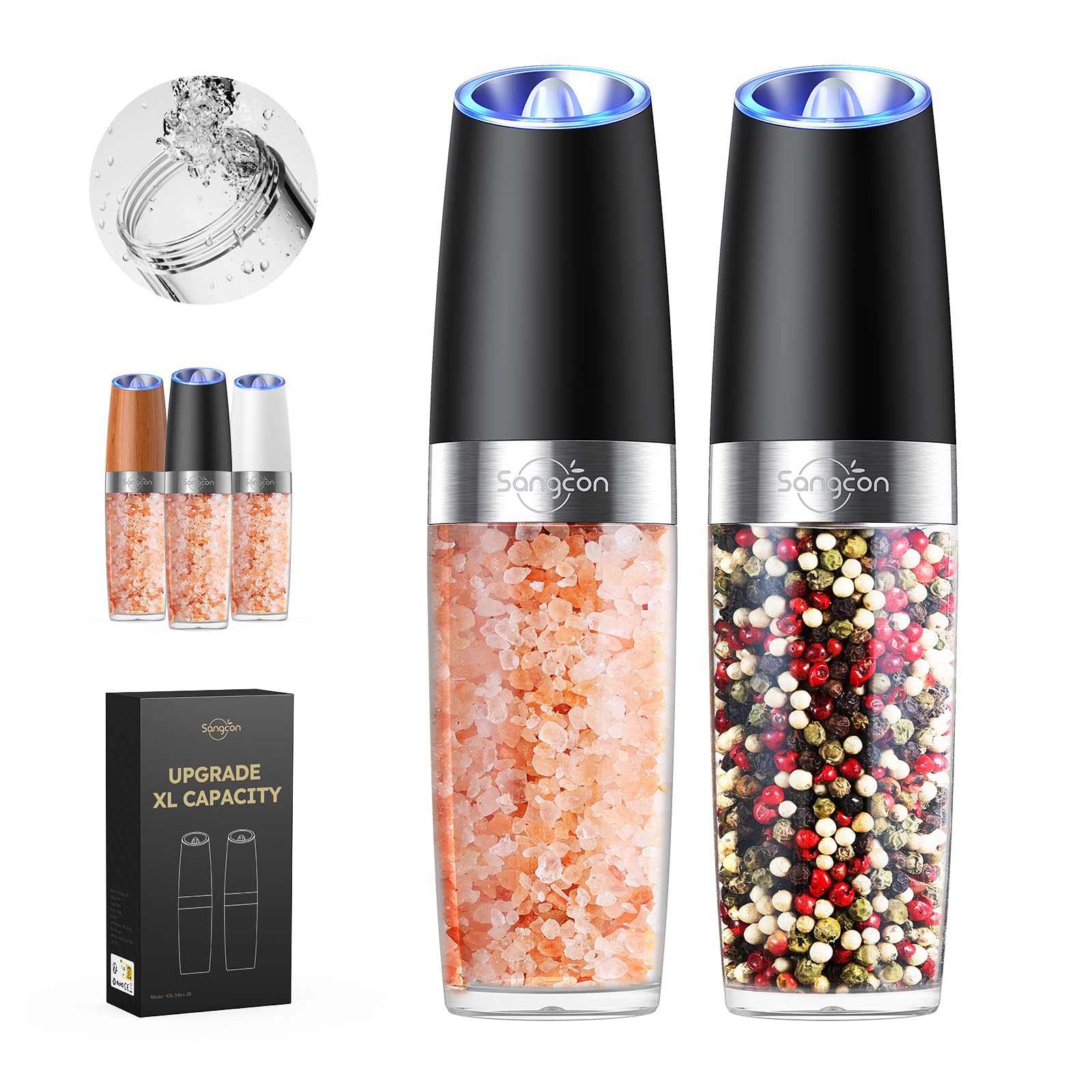 Sangcon Gravity Electric Pepper and Salt Grinder Mill Automatic Shaker Grinder with LED Light, Battery Powered Adjustable Coarseness One Hand Operation, Upgraded Larger Capacity, 1pc