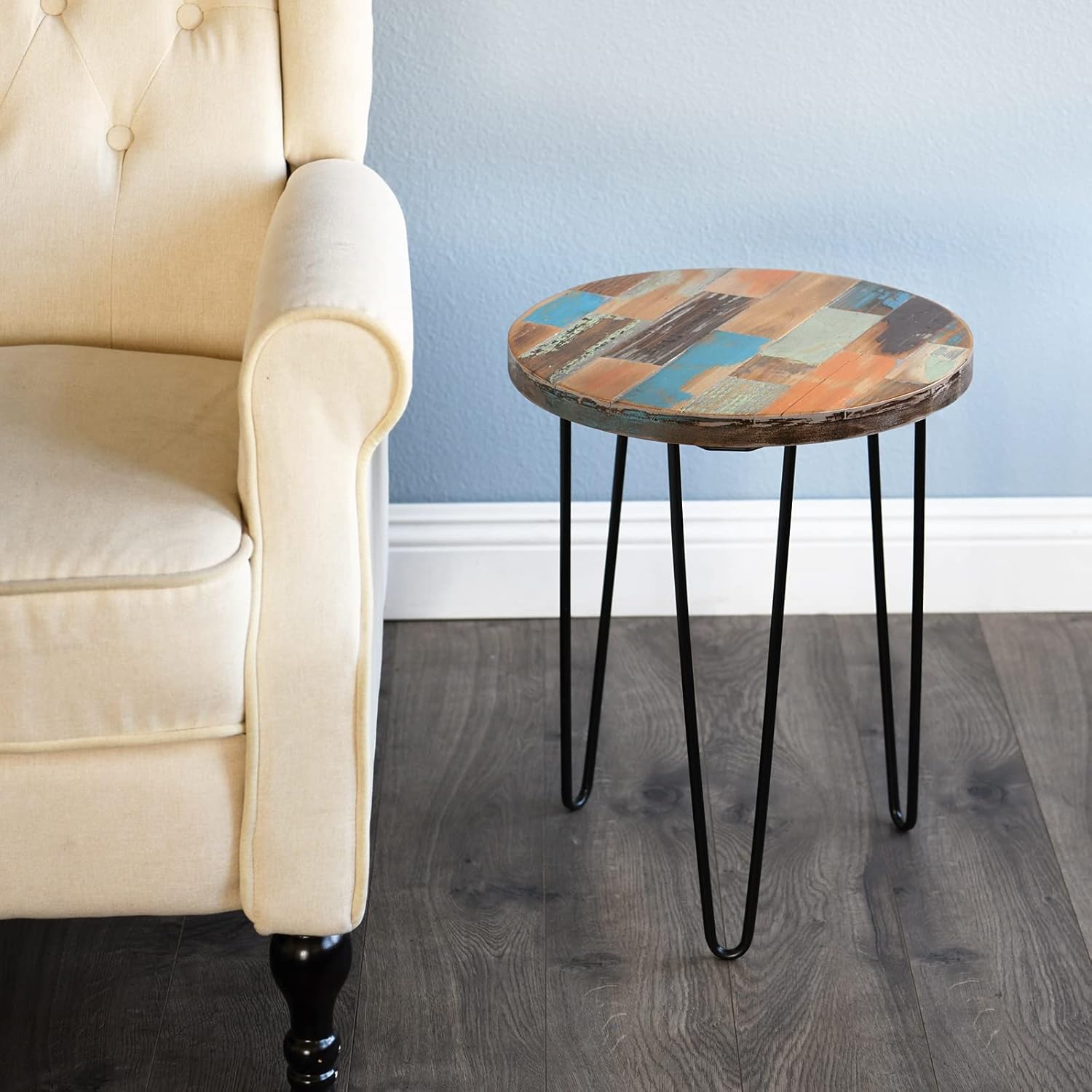 WELLAND Reclaimed Wood Side Table, Round Hairpin Leg End Table, 16" L x 16" W x 20.5" H, Night Stand, Recycled Boat Wood for Living Room, Bedroom, Home Office, Patio