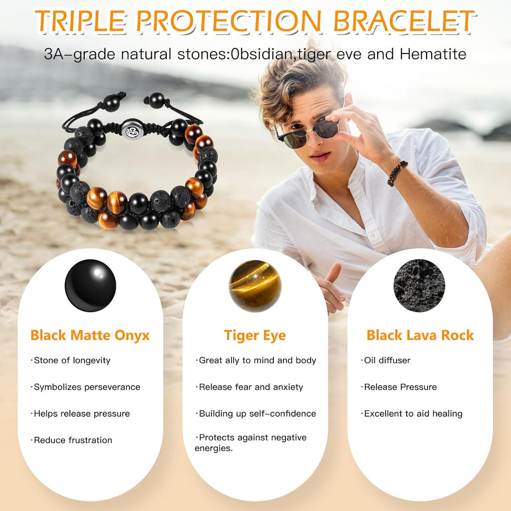 Triple Protection Bracelet - for Protect & Balance - Energy Crystal Handmade Bracelets for Men - Bring Good Luck & Prosperity, Tiger Eye Black Onyx and Lava Rock Jewelry Natural Stone Healing Bracelet
