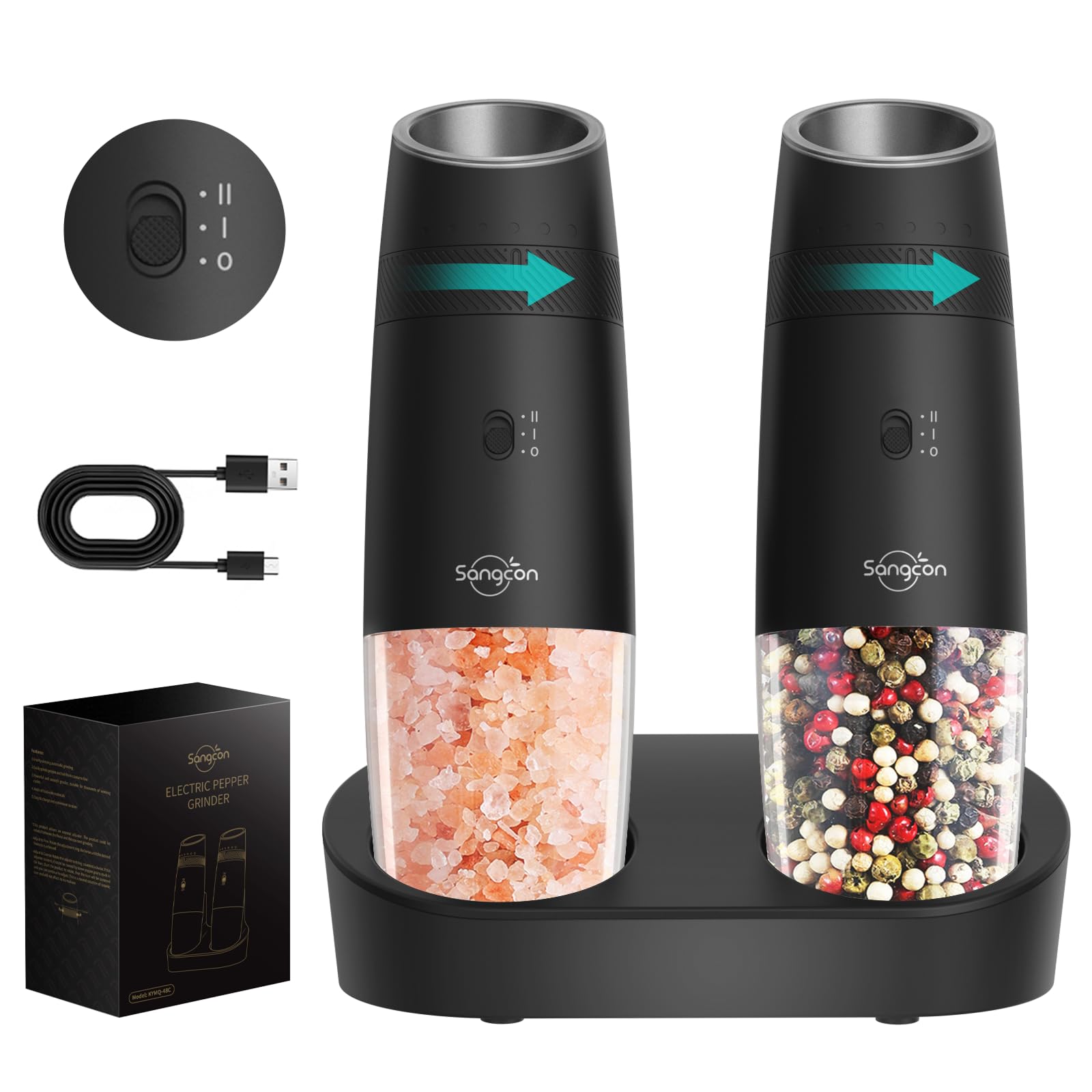 Sangcon Gravity Electric Pepper and Salt Grinder Mill Automatic Shaker Grinder with LED Light, Battery Powered Adjustable Coarseness One Hand Operation, Upgraded Larger Capacity, 1pc