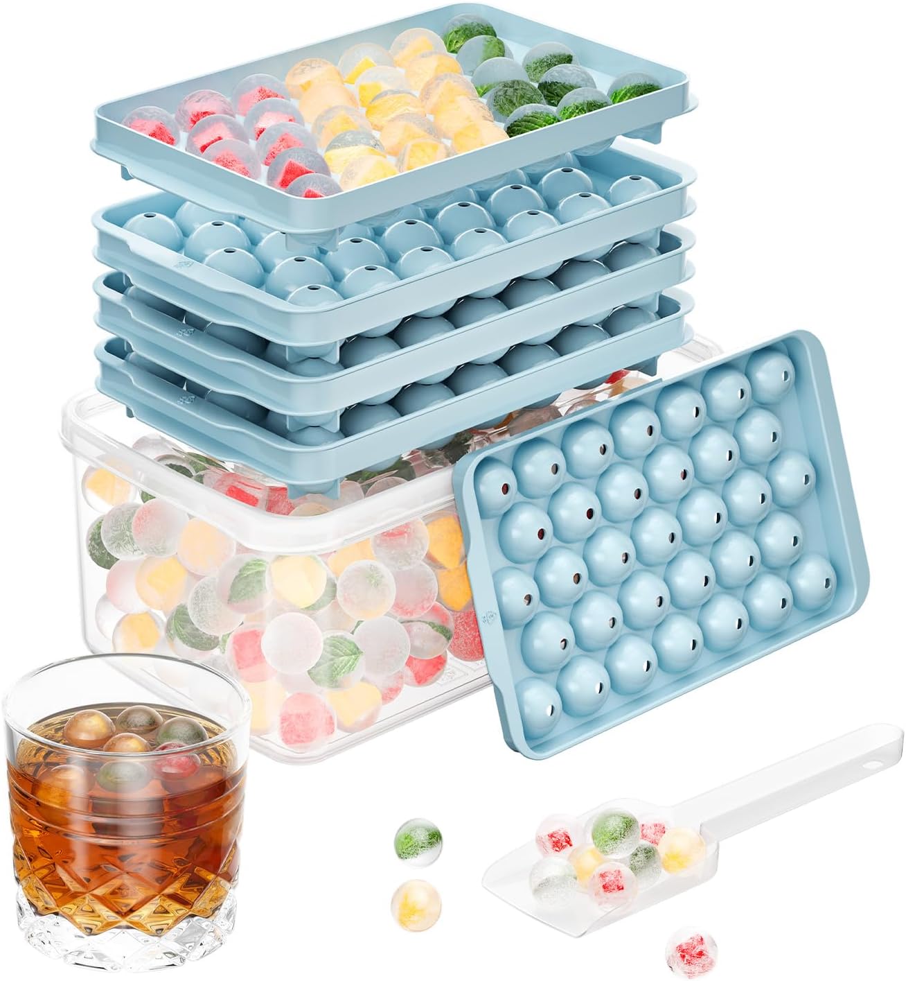 3 Pack Ice Trays for Freezer, 99 PCS Ice Cube Tray with Lid and Bin, Round Ice Cube Mold, Circle Ice Maker for Chilling Drinks (0.8 inch, Blue)