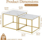 Garden 4 you Coffee Table Set of 2, Modern Engineered Wood Nesting Table, Metal Frame Square Center Table Set, Side Tables, Nesting Coffee Table for Living Room, Bedroom and Small Spaces, 23.6in Gold