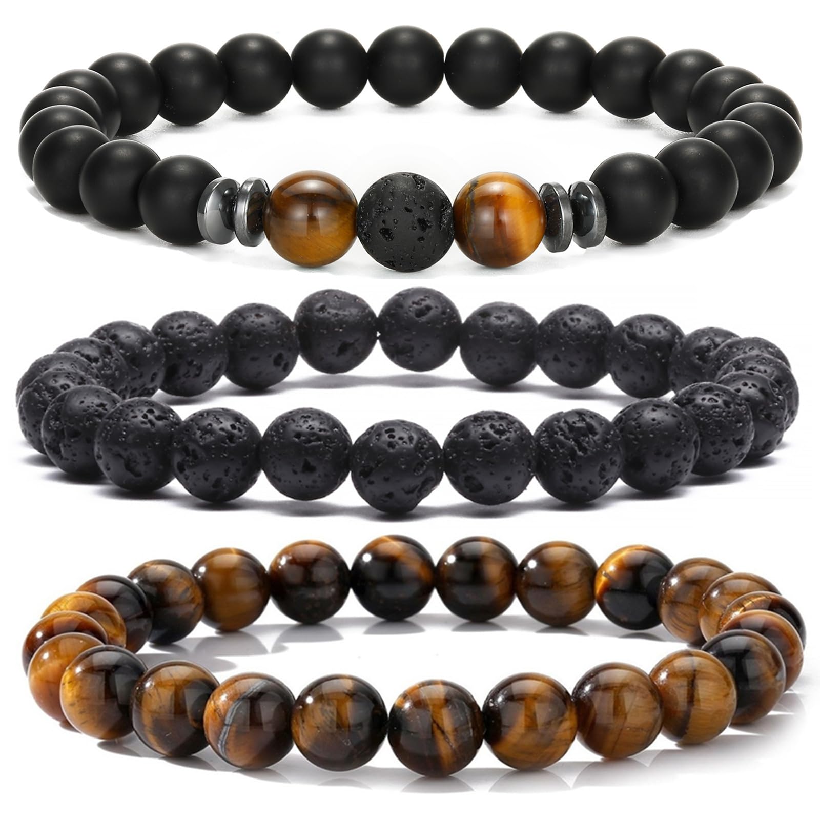 MengPa Mens Beaded Bracelets Couples Matching Bracelet Set Lava Rock Beads for Women Stone Jewelry