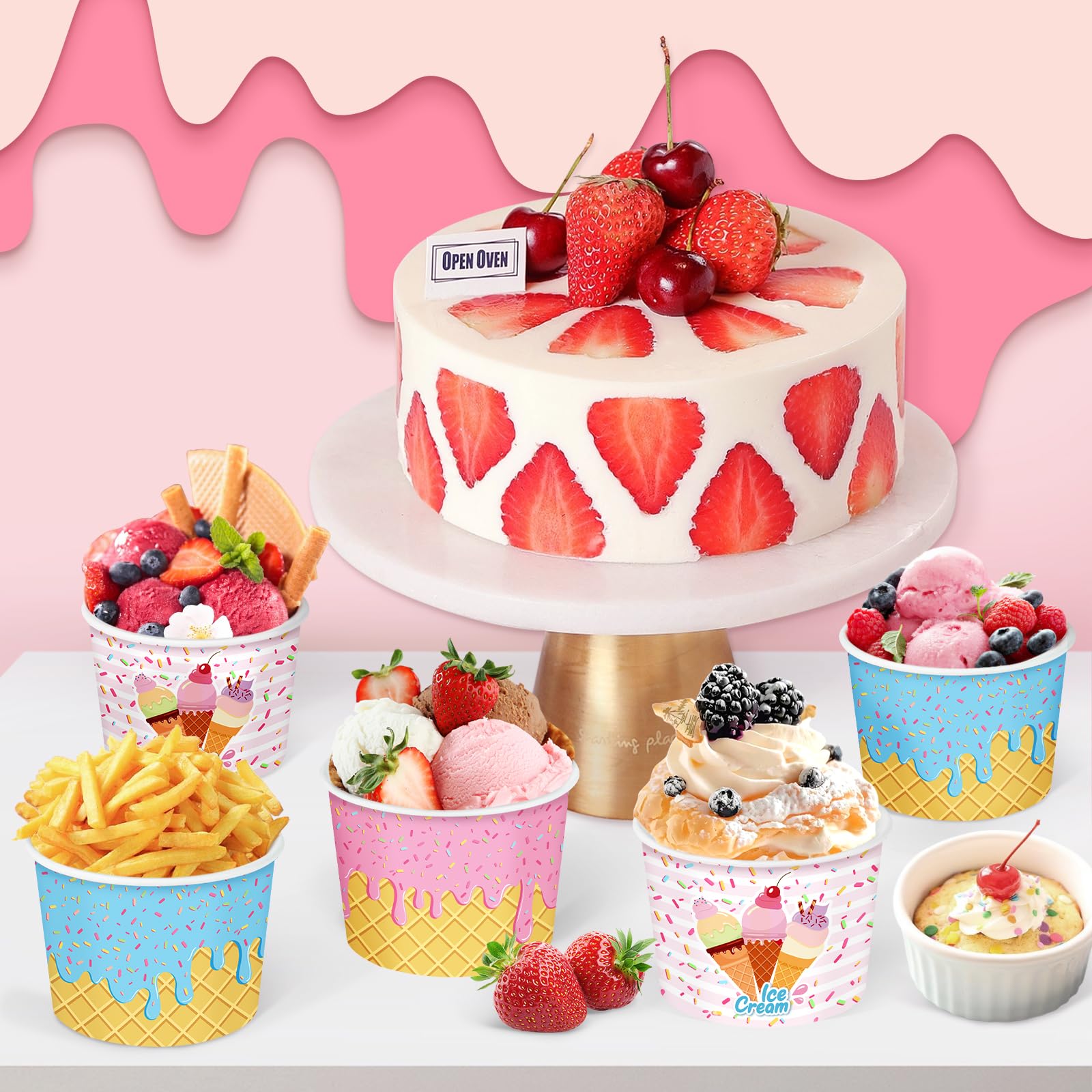 REDWORD 60PCs Ice Cream Bowls, 9oz Ice Cream Containers Disposable Paper Bowls Sundae Cups Dessert Soup Containers for Ice-cream Party Decorations Summer Party Decorations