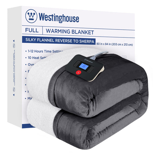 Westinghouse Heated Throw Blanket, Electric Blanket Throw with 6 Heating Levels and 2-10 Hours Time Settings, Flannel to Sherpa Super Cozy Heated Blanket Machine Washable, 50x60 inch, Charcoal